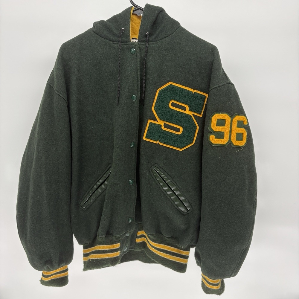 Vintage 80s 90s DeLong Green Wool Letterman Varsity Bomber Jacket Men L